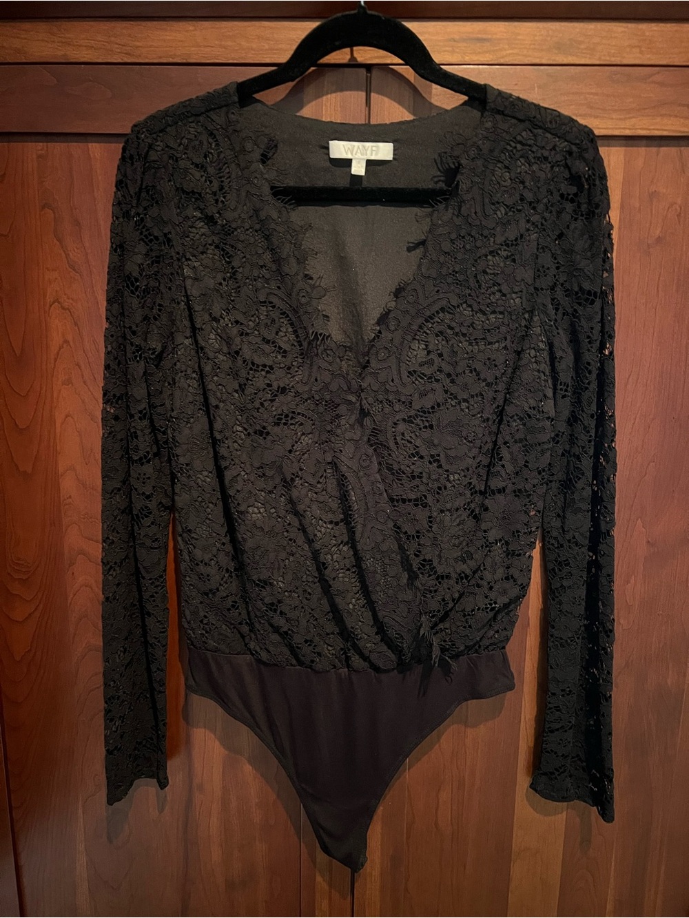 WAYF Black Lace V-Neck Long Sleeve Bodysuit